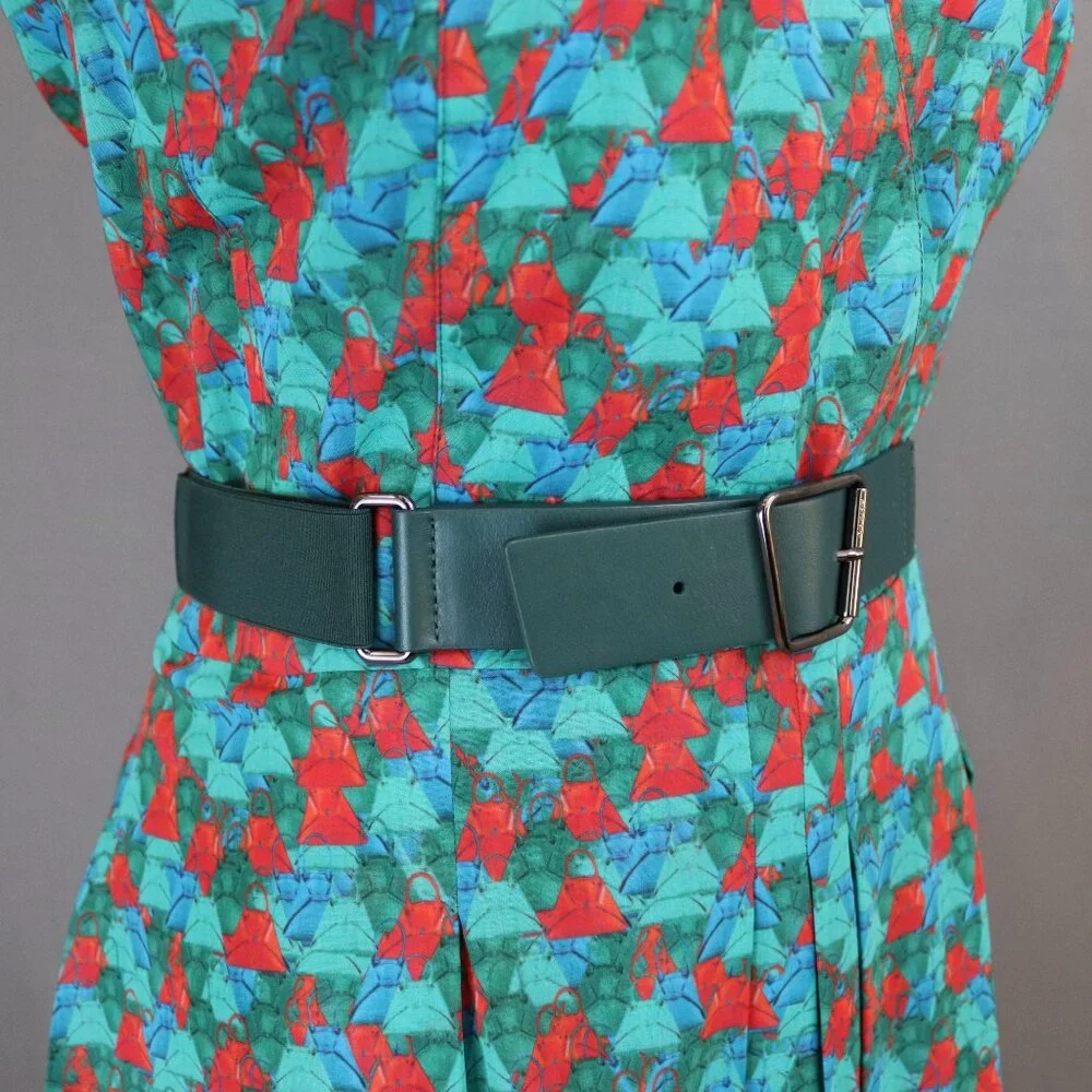 Akris Size 85 Green Leather and Elastic Belt with Trapezoid Buckle Sporty-Belt - Picture 10 of 15